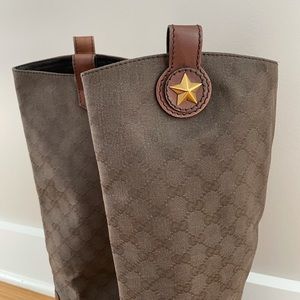 GUCCI MONOGRAM LOGO LEATHER + CANVAS TALL BOOTS STAR DETAIL SZ 9.5